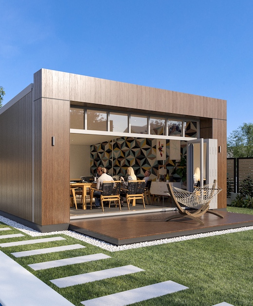 Metrostrata developments perth builder granny flat concept exterior hammock deck grass The Bisque